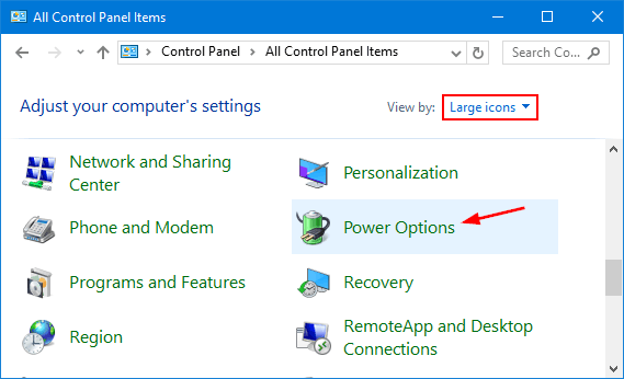 power options window in windows 10